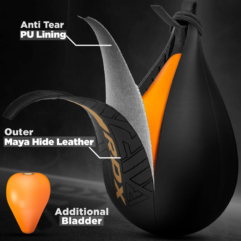 RDX Speed Bag Boxing Ball, Maya Hide Leather Dodge Striking Target with Additional Bladder, MMA Muay Thai Punching Workout Kicking Martial Arts Training Home Gym Exercise Speedball BLACK GOLDEN Speed Bag with Swivel