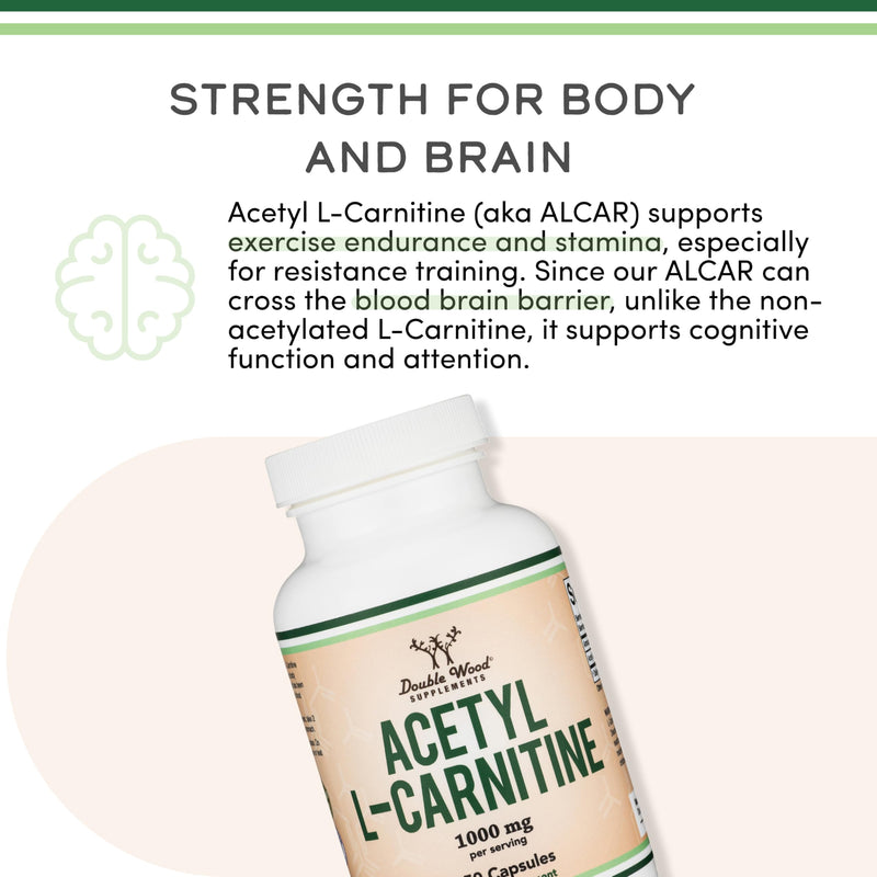 Acetyl L-Carnitine 1,000mg Per Serving, 150 Capsules (ALCAR for Brain Function Support, Memory, Attention, and Stamina) Acetyl L Carnitine that is Third Party Tested by Double Wood (Pack of 2) 150 Count (Pack of 2)