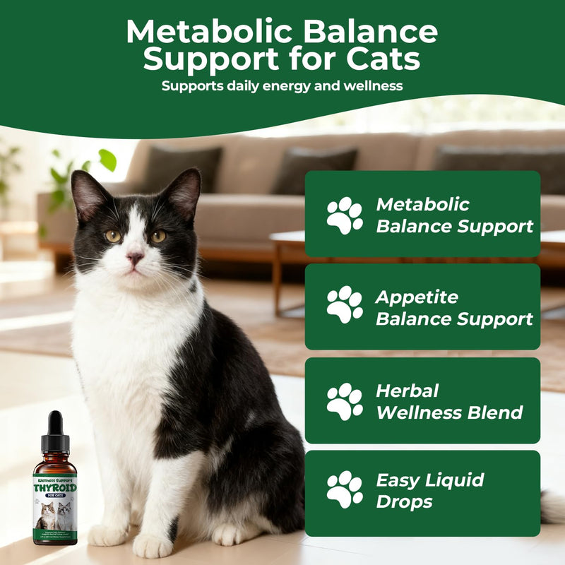 Thyroid Support Drops for Cats, Appetite Stimulant for Cats with Bladderwrack, Astragalus, Eleuthero & Nettle, Metabolic Balance, Weight Support & Daily Vitality, Liquid Herbal Cat Supplement, 2 fl oz