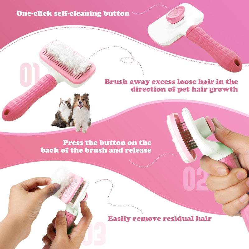 Pet brush，cat brush with release button，dog brush， for grooming Remove loose hair and prevent tangling,fine needle（Pink） - BeesActive Australia