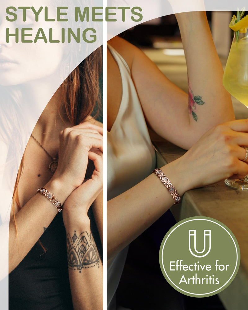 Feraco Pure Copper Bracelets for Women, Ultra Strength Magnetic Therapy Bracelet for Pain Relief with Neodymium Magnets & Sparkling Cubic Zirconia, Adjustable, Infinite Clover Jewelry Rose Gold