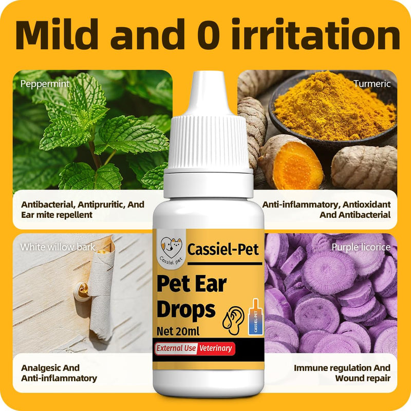 Ear Drops for Ear Infection Treatment, Ear Mites Treatment, Dog Yeast Soothing Cleansing, Ear Wax Removal, Itchy Ear Relief for Dogs and Cats | 20 ml 0.67 FL OZ 1 Bottle