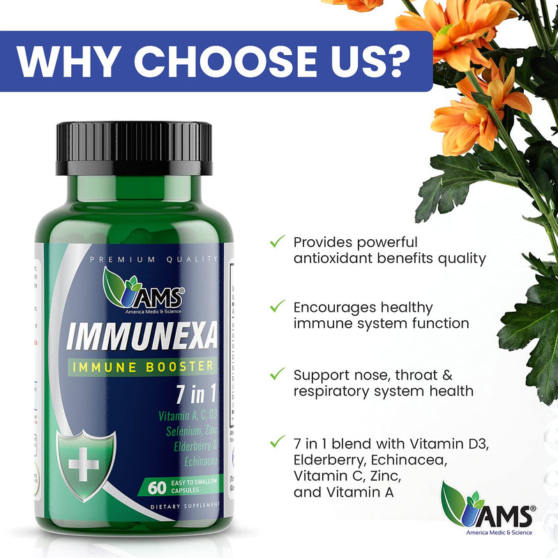 America Medic & Science Immunexa 7 in 1 Immune Support Booster (60 Capsules) with Vitamin A, C, D, Zinc, Echinacea, Elderberry | Adults Immunity Boosting Supplement | Natural, Non-GMO & Gluten-Free 1 Count (Pack of 60)