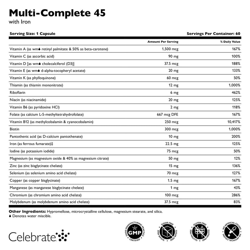 Celebrate Vitamins Multi-Complete 45mg Bariatric Multivitamin with Iron | 60 Veggie Capsules, 30 Day Supply, Easy-to-Swallow Daily Multivitamin for Post-Bariatric Sleeve or Gastric Bypass Routines 60 Count (Pack of 1)