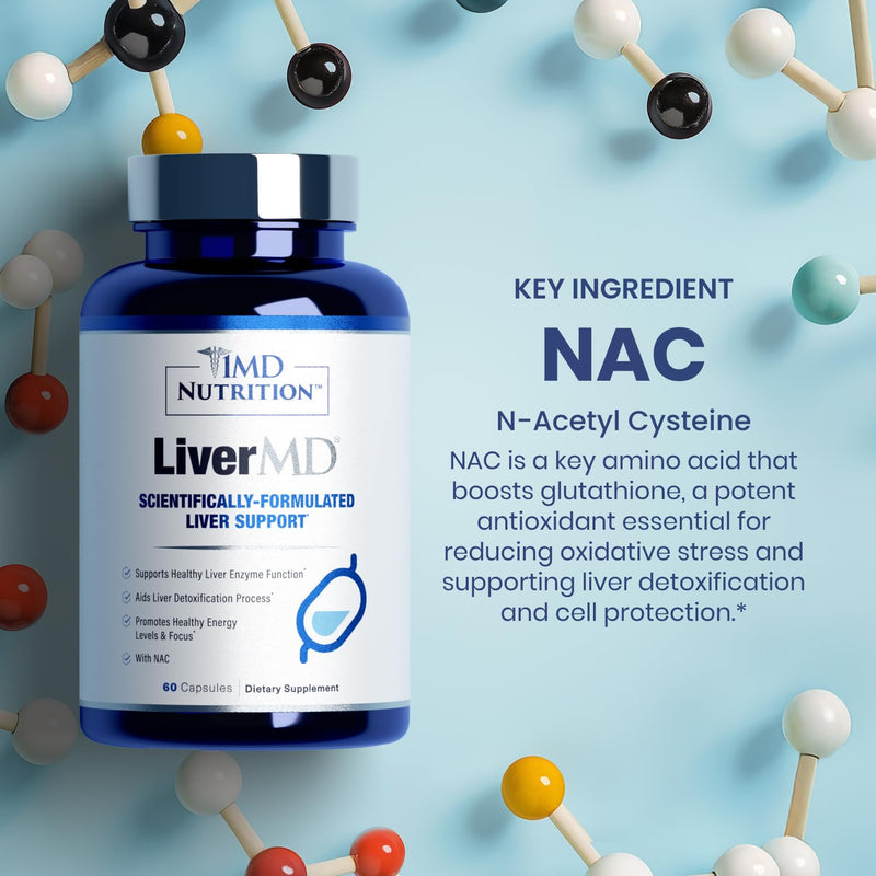 1MD Nutrition LiverMD - Liver Support Supplement | Siliphos Milk Thistle Extract & NAC - Supports Healthy Energy, Immunity & Overall Health - Liver Cleanse & Support | 60 Capsules N-Acetyl Cysteine (NAC) 60 Count (Pack of 1)