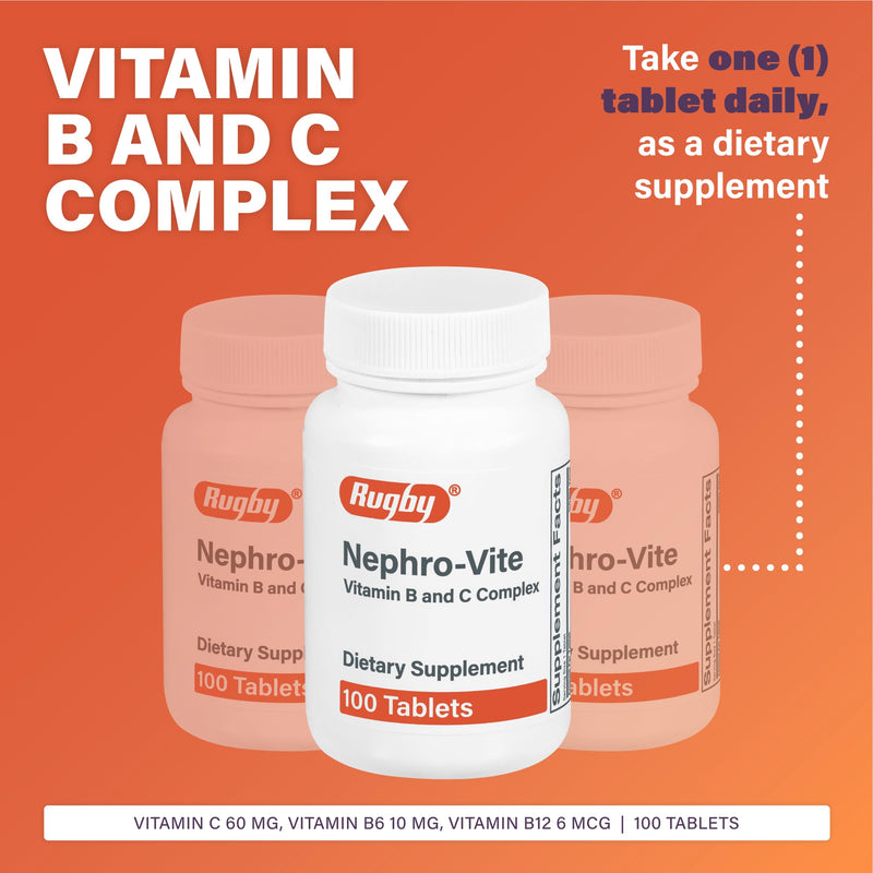 Rugby Nephro-Vite Vitamin B and C Complex Tablets, 100 Count (1-Pack) | Gluten Free Dietary Supplement for Adults with 60 Mg of Vitamin C, and 10 Mg of Vitamin B6 100 Count (Pack of 1)