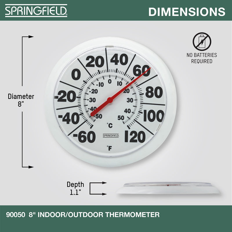 Springfield Indoor Outdoor Big and Bold Dial Thermometer, Wireless Thermometer with Easy to Read Large Numbers for Patio, Pool, and Indoor Areas, 8-Inch, White No Size