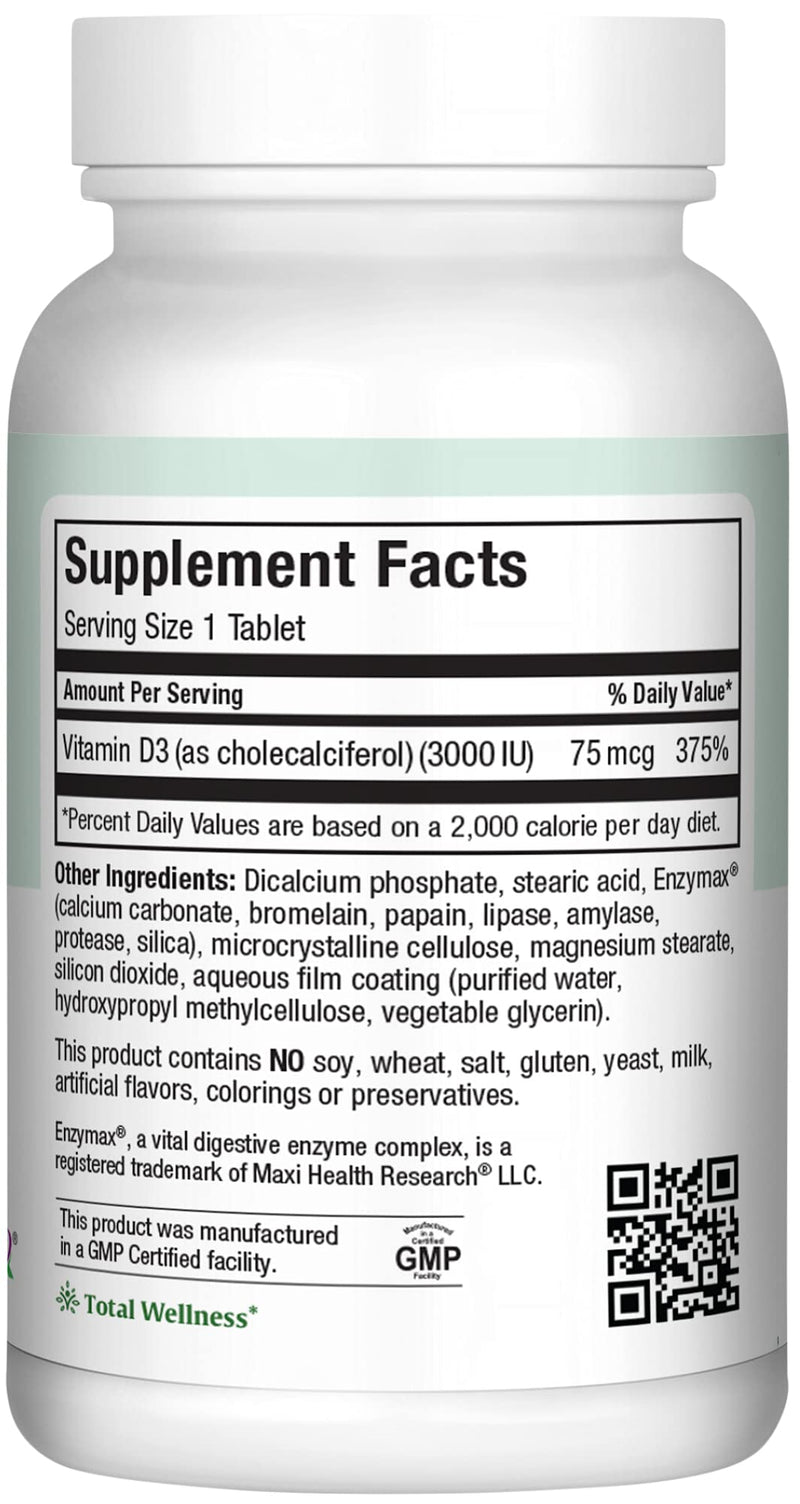 Maxi Health Vitamin D3 3000 IU 75 mcg Vitamin D Supplement for Healthy Bones, Teeth, Immune Support - VIT D3 Supplement Easy to Swallow Non-GMO, Supplement for Men and Women – Kosher (180 Tablets) | Kosher | Vitamin D Immune Support Supplement | Calciu...