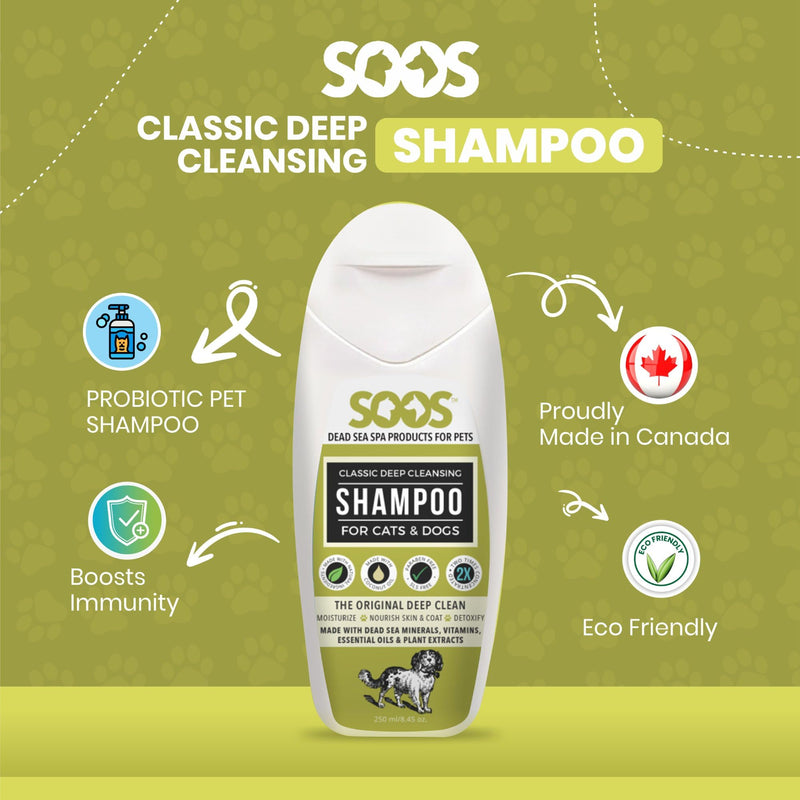 Soos Pets Dog Shampoo for Cats and Pets Natural Dead Sea Classic Deep Cleansing Fast Absorbing Coat with Vitamins Minerals Essential Oils Natural Ingredients Antib-acterial - 1x Pet Shampoo (250ml) - PawsPlanet Australia