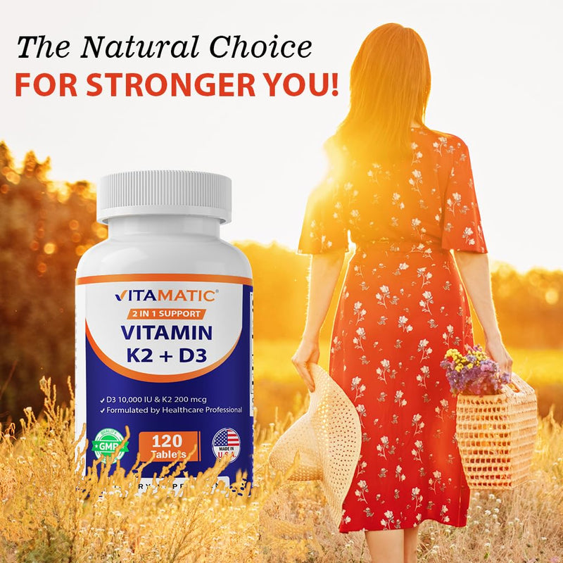 Vitamatic Vitamin D3 K2 Supplements with 10,000 IU Vitamin D + 200mcg Vitamin K MK-7, 120 Tablets Bone, Heart, Immune, & Calcium Support 120 Count (Pack of 1)