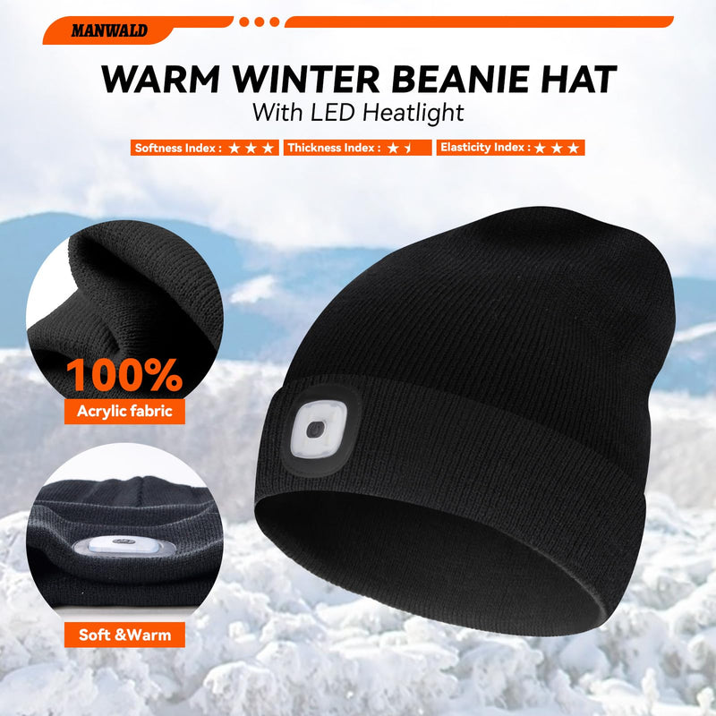 LED Beanie Hat with Light, USB Rechargeable LED Headlamp, Gifts for Men, Fathers Day Dad Gifts from Daughter Wife Son, Birthday Gifts for Him Men Husband, Boyfriends, Black, 2PCS 2 Pack