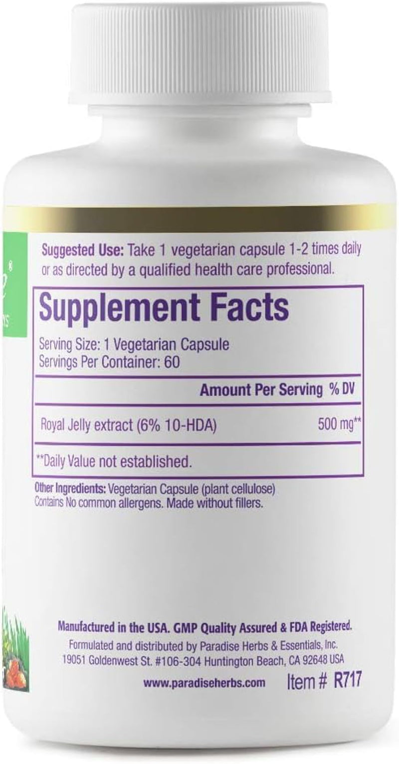 Paradise Herbs Royal Jelly, Golden Emperor, Super Potent, Ultra Pure, Vegan, Gluten Free, Non-GMO, Freeze-Dried Concentrate, 60 Count Vegetarian Capsules - BeesActive Australia