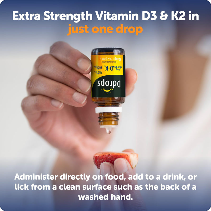 Ddrops Extra Strength 5000 IU Vitamin D3 + K2 90 Drops - Liquid Vitamin D3 & K2 (MK7) Supplement. Supporting Strong Bones, Immune System and Cardiovascular Health. 0.06 Fl Oz (Pack of 1)