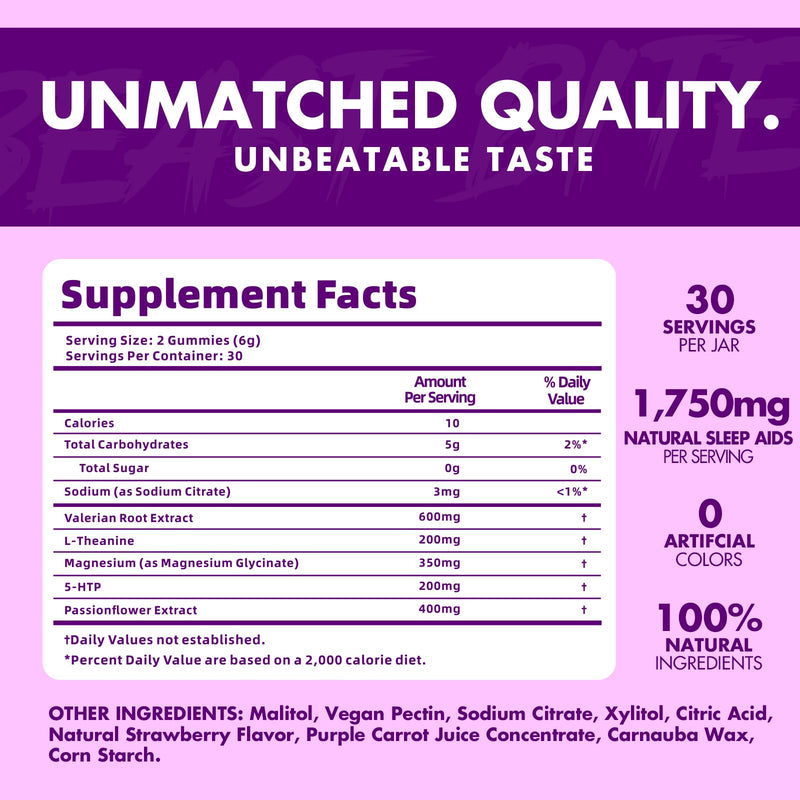 Sleep Gummies - Valerian Infused - Natural Nighttime Gummies - No Sugar, Artificial Colors or Flavors - Gluten-Free, Vegan & Halal - Made in The USA - Strawberry Flavor - 30 Servings - BeesActive Australia