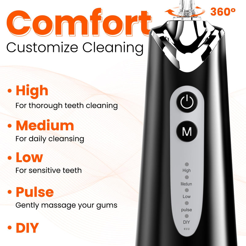 Water Dental Flosser Pick for Teeth: 300ML Portable Oral Irrigator, Rechargeable Travel Irrigation Cleaner Professional Electric Flossing Machine Power Flossers & Irrigator Accessories IPX7 Waterproof Black