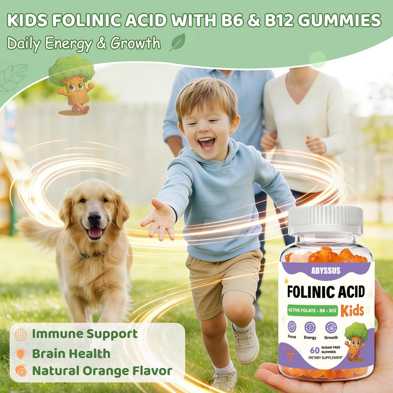 ABYSSUS Kids Folinic Acid Gummies with B6 & B12, Sugar-Free, 60 Count | Brain, Focus, Energy & Healthy Growth Support with Active B6 (P5P) & Methyl B12, Methylation Folate Supplement, Non-GMO