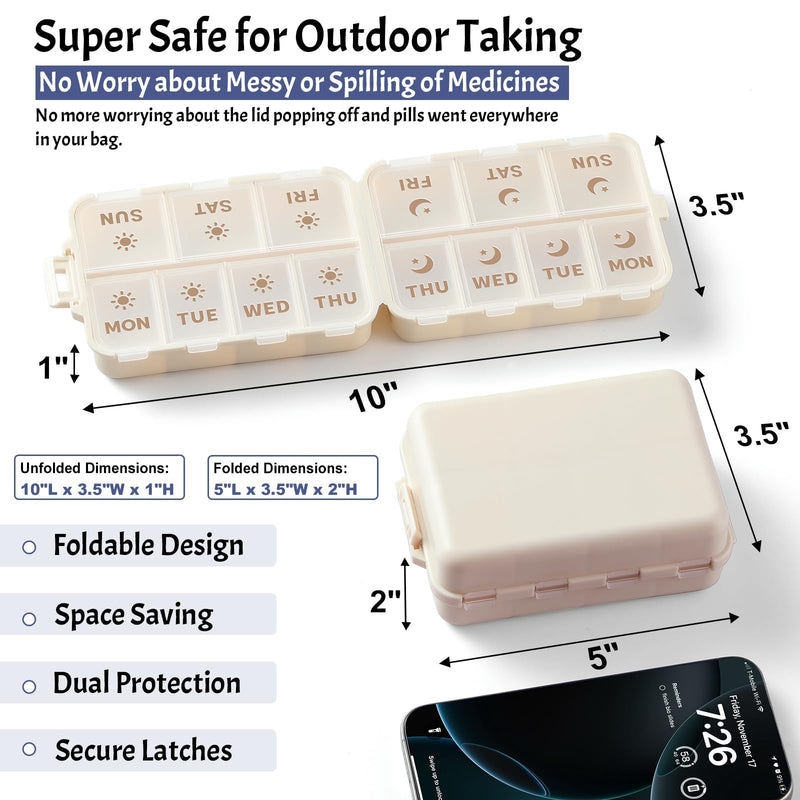 NEW Foldable & Double Protection Portable Weekly Pill Organizer 2 Times A Day with Etched Labels, AM PM 7 Day Week Medicine Box, Daily Travel Pill Case Holder Dispenser for Vitamin, Supplement - Khaki AM & PM