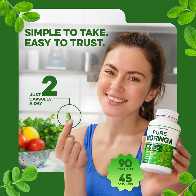 Moringa Capsules 800mg – Pure Moringa Powder Capsules Superfood for Energy, Immunity, Skin, Joint, Gut Health — Daily Nutrition & Wellness Supplement — Vegan, Non-GMO, USA Made (45-Day Supply)