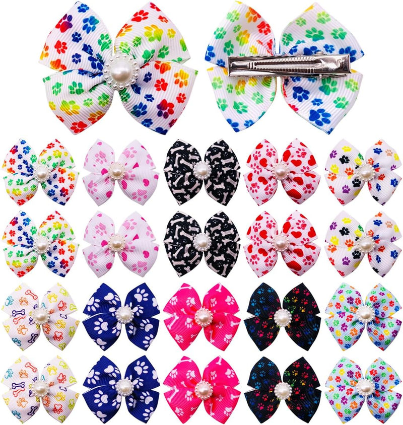 PET SHOW 20pcs Dog Hair Bows with Alligator Clips for Small Medium Dogs Bowknot Hair Clips Cat Puppy Yorkshire Grooming Hair Accessories Assorted (Paw Bone Printed) Paw Bone Printed - BeesActive Australia