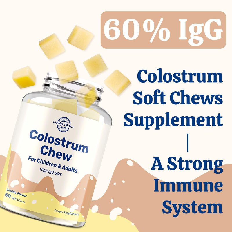 Bovine Colostrum Chews Supplement with 60% IgG for Humans Women Men Kids- for Immune, Gut, Bone, Joint, Cognitive, Overall Growth, from Grass-Fed Cows & Vanilla Flavor, 60 Soft Chews 60 Count (Pack of 1)