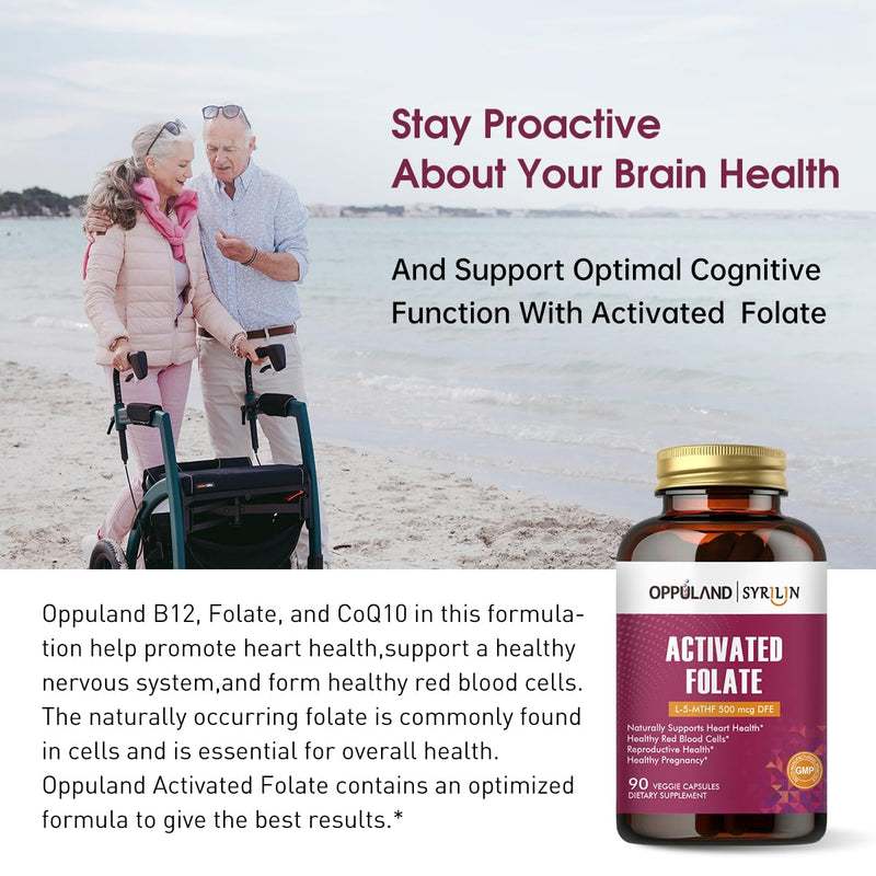 Activated Folate-L 5-MTHF DFE Supplement - Methylfolate B9 MTHF with Vitamin B12, CoQ10, & Red Raspberry - Methylated L-Methylfolate for Men and Women - 500 mcg - 90 Veggie Capsules