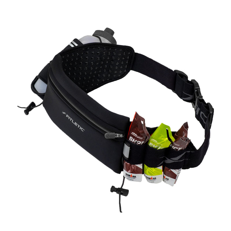 Fitletic Hydration Running Belt With 12oz Quick Flow Water Bottle For Men & Women –Race Belt, Gel Holder & Bib Toggles Patented Bounce Free Design, Water Resistant Fits All Phones –Fully Loaded Black S/M (24"-34")