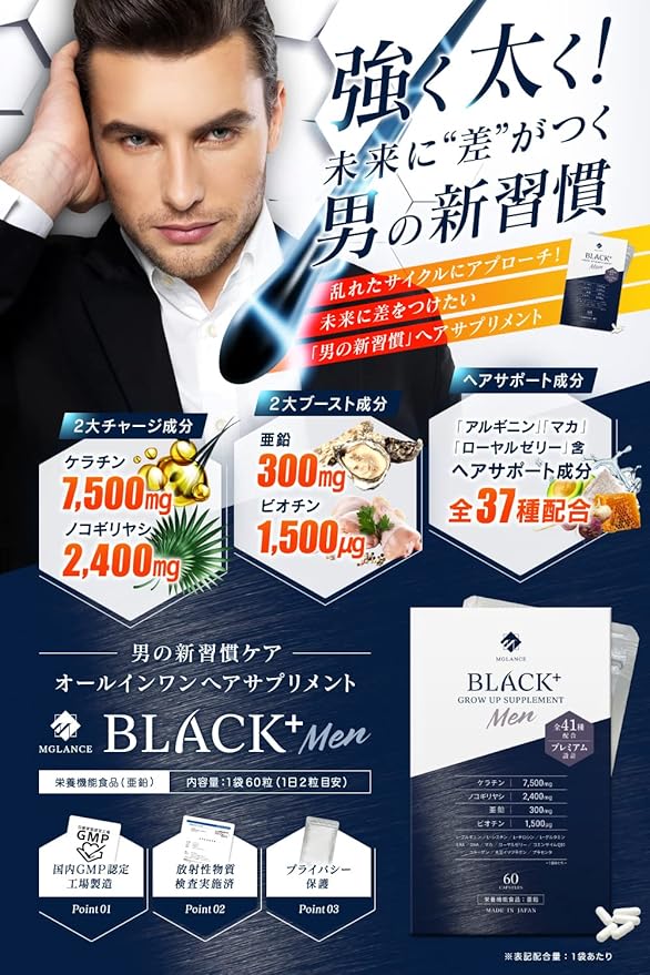 [Nutritional Functional Food] Keratin Saw Palmetto Zinc Supplement [37 Carefully Selected Hair Supplements] Made in Japan 30 days supply for men MGLANCE BLACK+Men - BeesActive Australia