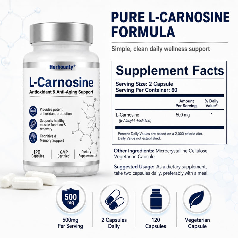 L-Carnosine Supplement 500mg, 120 Capsules Vitality Support | Antioxidant, Healthy Muscle Function, Cognitive Health, Gluten Free & Non-GMO 120 Count (Pack of 1)