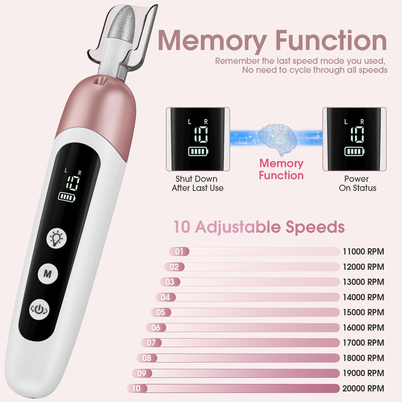 Cordless Electric Nail File Set, Professional Manicure Pedicure Kit with Memory Modes, 10 Speed Portable Nail Drill Machine, Pedicure Tools for feet, Hand Foot Care Tool for Thick Nail Toenail Cuticle Pink