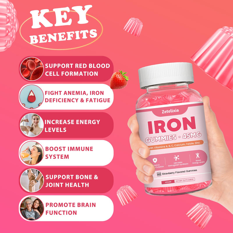 Vegan 2 Pack Iron Supplement Gummies for Women & Men, Anemia, Blood Builder & Energy Support for Iron Deficiency, with Vitamin C, A, B Complex, Folate, CoQ10, Sugar Free, Non-GMO, 120 Count 45MG Iron Strawberry Flavor 60 Count (Pack of 2)