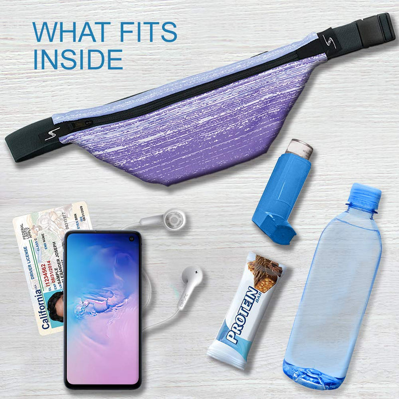 Sprigs Fit Belt 1 Pocket Slim Fanny Pack for Women & Men, A Sweat Resistant Waist Pack That Can Be Hidden. Money Belt and Fanny Pack Used for Fitness, Travel, Working Out, & Running Gray Blitz/Black