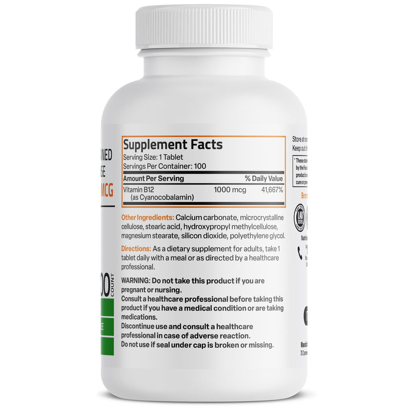 Bronson Vitamin B12 1000 mcg Sustained Release, Energy Support, 100 Tablets | Healthy Brain Function & Nervous System Support, Vegan, Non-GMO, Gluten-Free & Soy-Free 100 Count (Pack of 1)