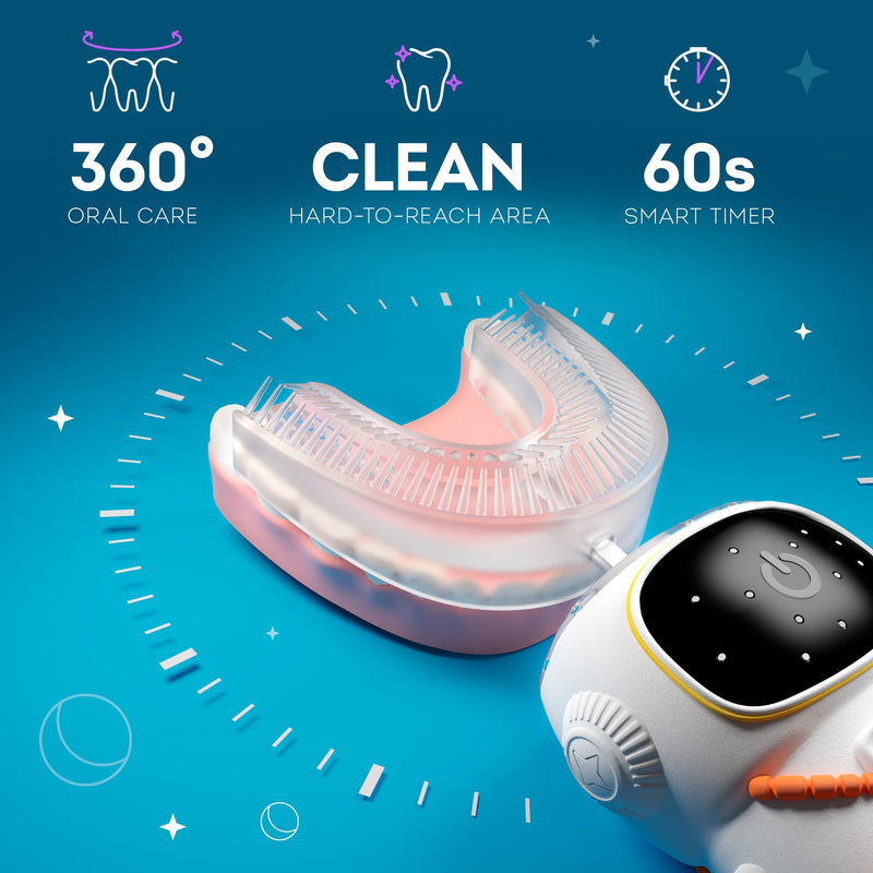 Sensory 360 Round U-Shaped Astronaut Design Mouthguard Electric Toothbrush for Kids Ages 2-7 - Automatic Memory Function - 5 Modes Toothbrush with Multiple Heads – Kids Travel Essentials (White) White