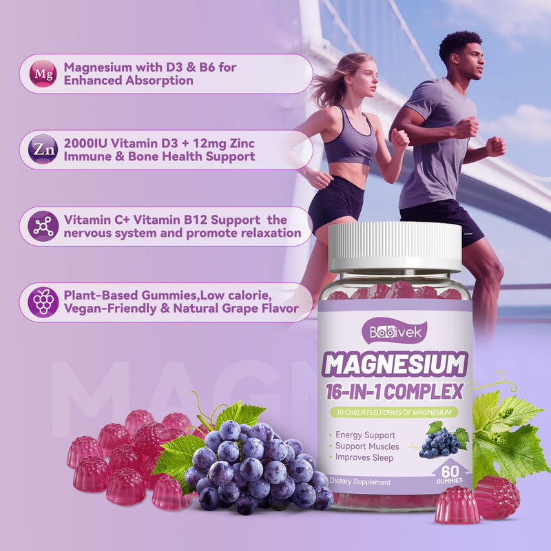 2 Pack Magnesium Gummies with Vitamin D3, C, B6, B12 & Zinc | 800mg Magnesium Gummies,Magnesium Citrate,Glycinate,Malate,Oxide,Women Men Bone Muscle Health,Vegan,Grape Flavor 60 Count (Pack of 2)