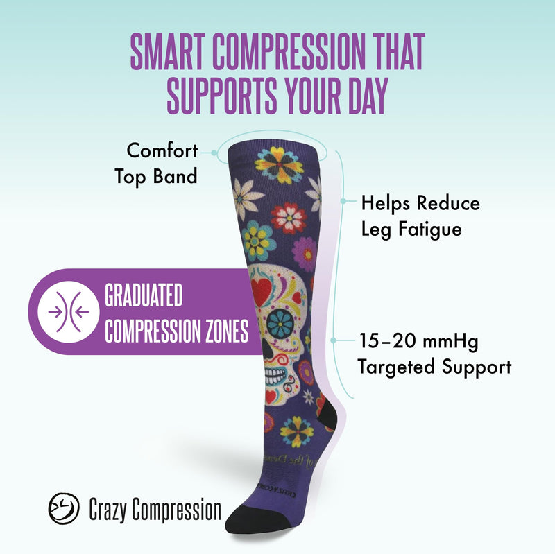 Crazy Compression Over-the-Calf Socks with Fun Designs Small-Medium Calavera Purple (Wide)
