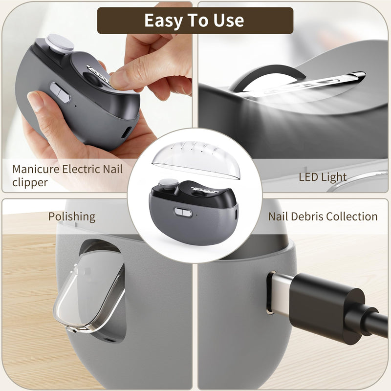 Electric Nail Clipper, 3-in-1 Automatic Nail Clipper, 2 Speed Automatic Nail File Toenail Trimmer with LED Light, Polishing and Nail Debris Collection, for Baby, Kids, Adults and Seniors (Space Gray) Space Gray