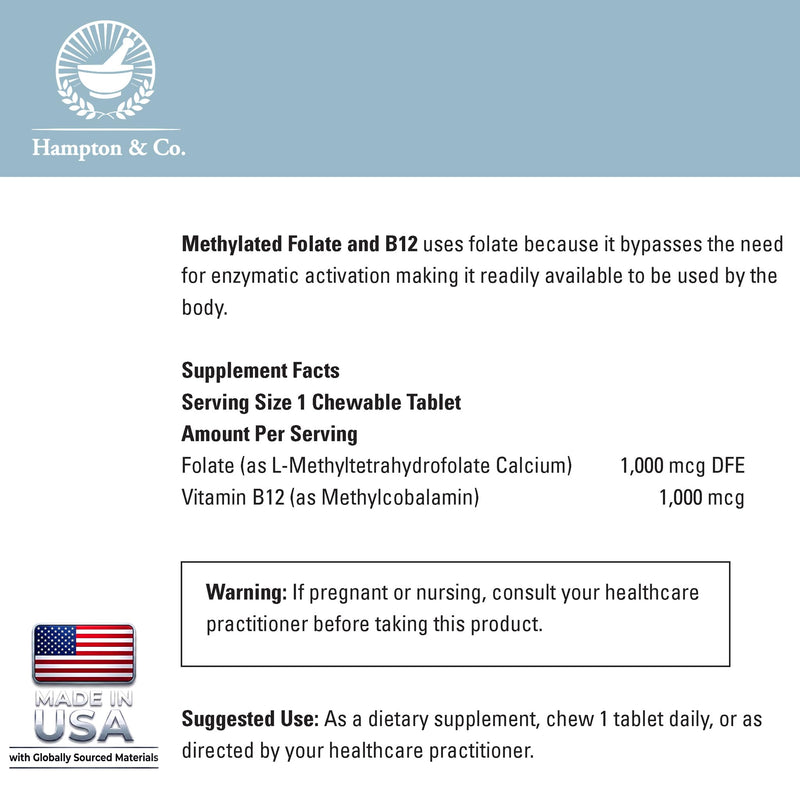 Hampton Distribution Methylated B12 & Folate Complex | Once-Daily Chewable Supplement for Energy Production & Cardiovascular Health | 60 Chewable Folate and B12 Supplement Tablets 60 Count (Pack of 1)