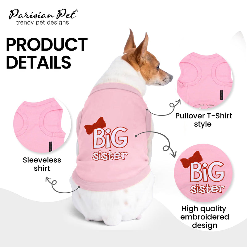 Parisian Pet Cat and Dog T-Shirt with Embroidered ' Big Sister ' - Breathable Big Sister Dog Shirt - Sleeveless Pet Vest - Machine Washable Pink Dog Shirt for Large Dogs, L - BeesActive Australia