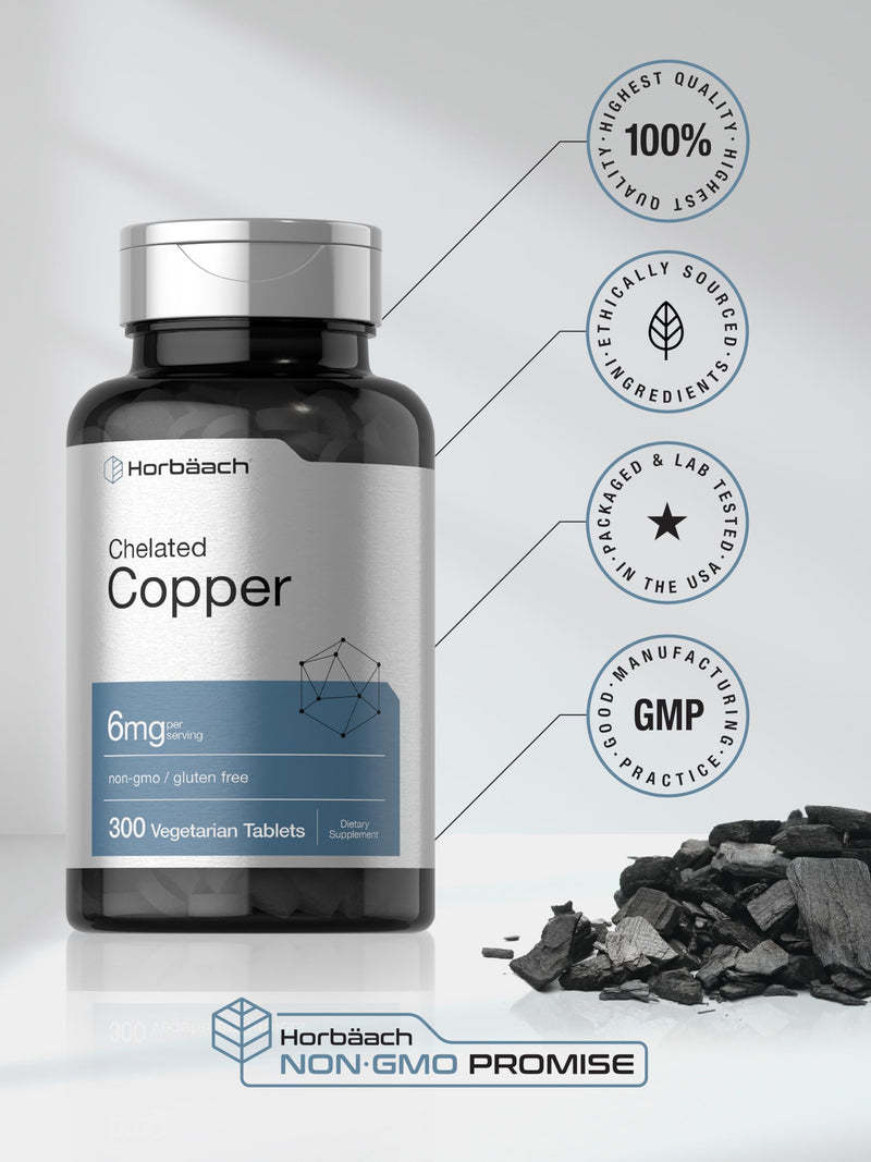 Horbäach Chelated Copper Supplement 6mg | 300 Tablets | Essential Trace Mineral | Vegetarian, Non-GMO, Gluten Free - BeesActive Australia