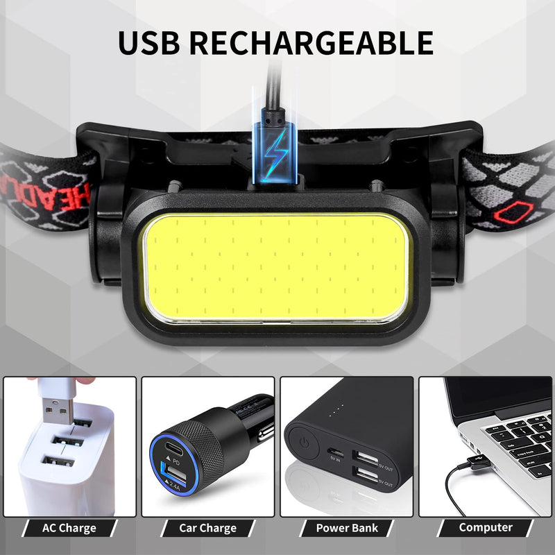 2pcs Rechargeable LED Headlamp, 8900 Lumens Super Bright Headlight with Motion Sensor, 9 Modes Zoomable Head Lamp, 180°Adjustable, IPX7 Waterproof Head Lamp for Camping, Running, Climbing, Hiking 2