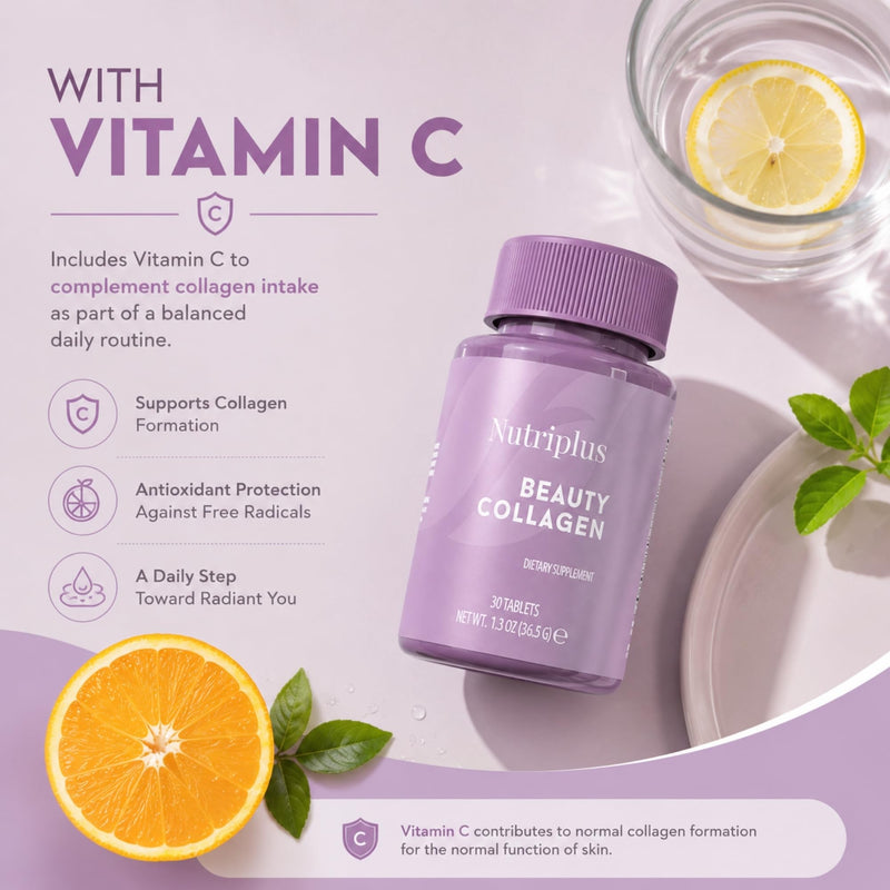 FARMASi Nutriplus Beauty Collagen Tablets, Non GMO, Gluten Free,1.3oz | Type I and Type III Hydrolyzed Collagen with Vitamin C, 2000 mg Collagen Per Serving, Unflavored, Daily Use, 30 Tablets