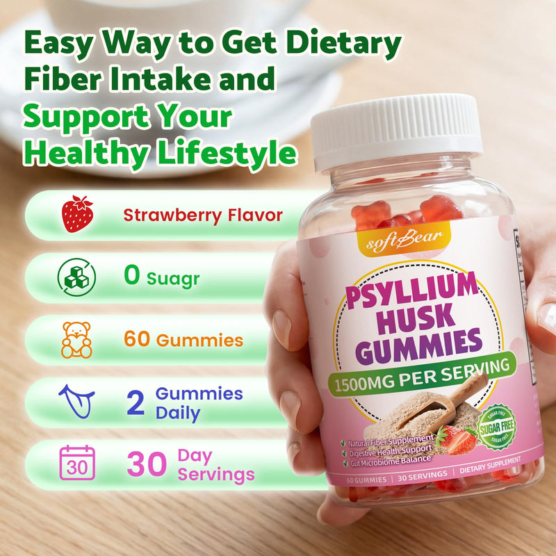 softbear 2 Pack Psyllium Husk Gummies 1500mg, Strawberry Flavor 120 Count | Psyllium Husk Fiber Supplement for Gut & Digestive Health, Regularity Support, Vegan/Organic/Sugar Free 60 Count (Pack of 2)