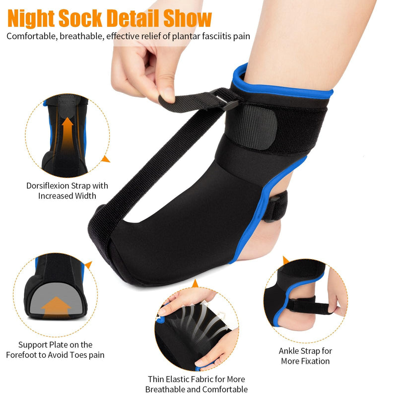 Plantar Fasciitis Night Splint Sock with Hand-Held Massage Tool Upgraded Soft Plantar Fasciitis Brace for Women Men for Achilles Tendonitis Foot Drop Heel Spur Pain Relief Black-Blue (Large) Large Black Blue - BeesActive Australia