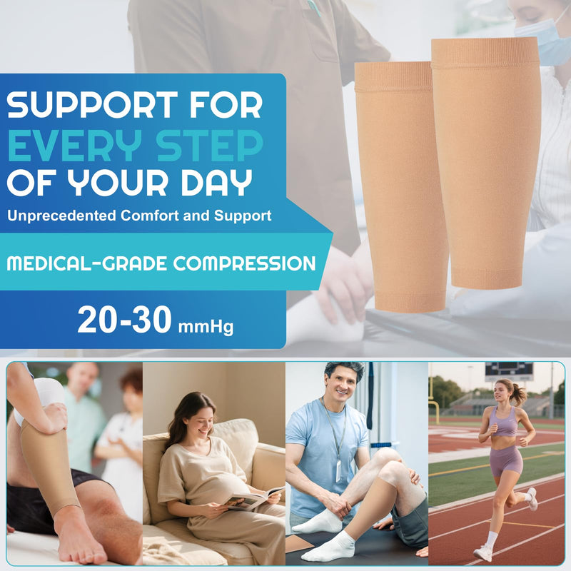 2 Pairs Calf Compression Sleeves Men&Women 20-30mmHg Medical Shin Splint for Leg Surpport Relief Pain Varicose Veins Small Beige Calf - BeesActive Australia