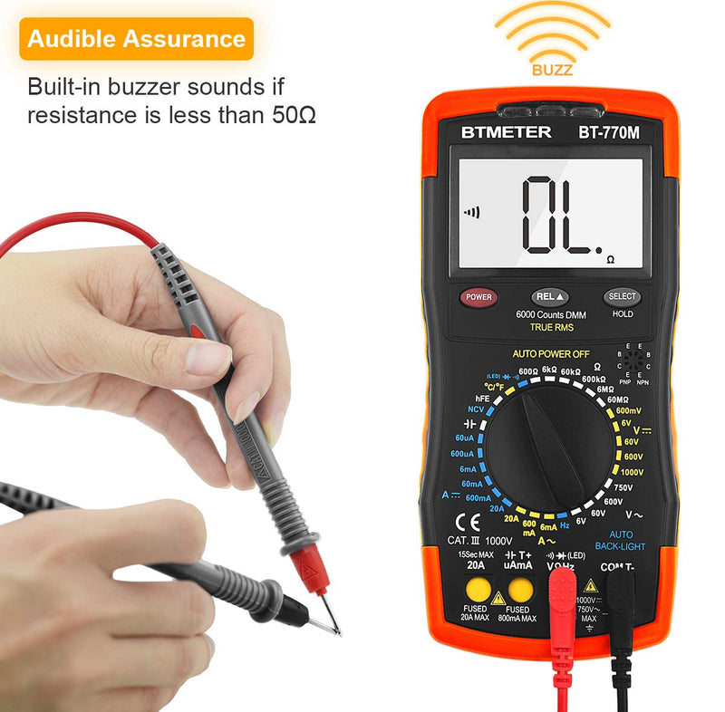 Digital Multimeter TRMS 6000 Count, BTMETER BT-770M Auto/Manual Ranging DMM Electrical Meter Tester for AC/DC Amp, AC/DC Volt, Ohm Capacitance Frequency Continuity Temperature NCV, Auto Backlight AC/DC 20A & Mechanical Block 770M - BeesActive Australia