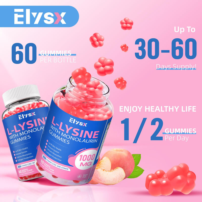 L-Lysine Gummies 1000mg, Sugar-Free Chewable Lysine with Monolaurin Supplement for Adults & Kids, Lips & Oral Health, Immune & Overall Health, Natural Peach Flavor, 60 Count 1 Count (Pack of 60)