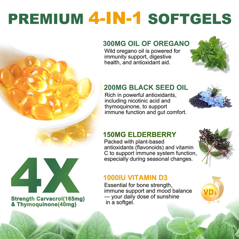 Oil of Oregano, 300 Softgels, 4-in-1 Oil of Oregano with Black Seed Oil, Vitamin D3 & Elderberry, Oregano Oil Capsules Organic, 4X Strength Carvacrol & Thymoquinone, Non-GMO & Immune Support 300 Count (Pack of 1) - BeesActive Australia