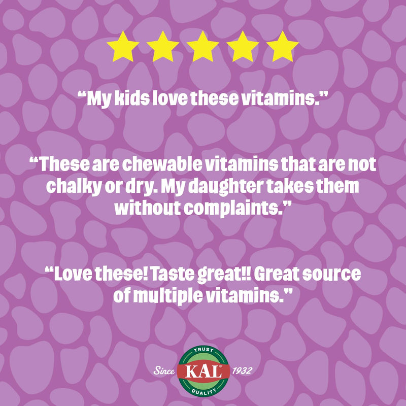 KAL MultiSaurus Kids Chewable Multivitamins, 11 Essential Vitamins and Minerals for Kids, Berry, Grape, Orange Chewables, Gluten and Fructose Free, 90 Servings, 90 Dinosaur-Shaped Chewables | Mixed Berry Dinosaur Chewables, Daily Multivitamin for Child...