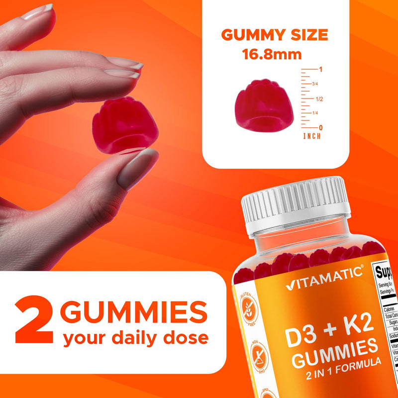 Vitamatic Vitamin D3 + K2 Gummies 60 Count | D-3 5000 IU + Vitamin K 140mcg for Bone Heart & Immune Support, Pectin-Based, Non-GMO, Gluten-Free 60 Count (Pack of 1)