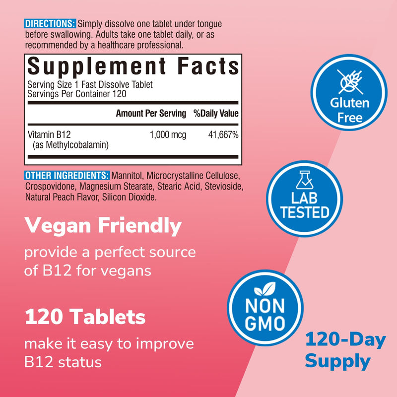 Vitalibre Vitamin B12 1000 mcg, Sublingual Methylcobalamin, Natural Peach Flavor, Nervous System Health, Energy Support, No Sugar, 120 Fast Dissolve Tablets